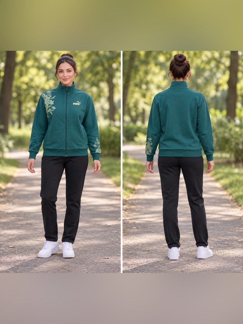 Puma Women’s Floral Full Zip Fleece Sweatshirt Teal Green Size M